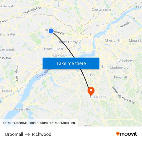 Broomall to Richwood map