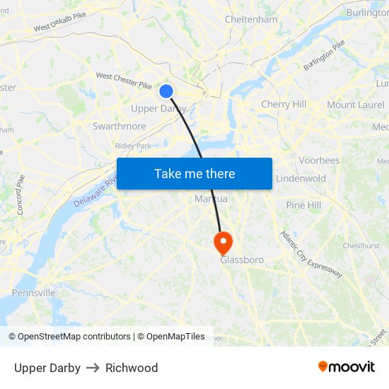 Upper Darby to Richwood map