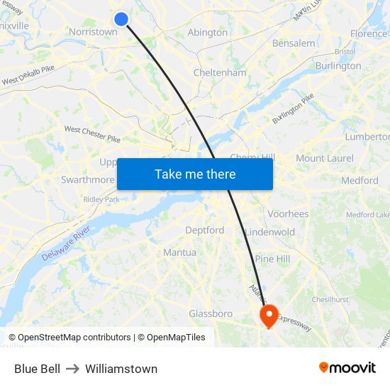 Blue Bell to Williamstown map