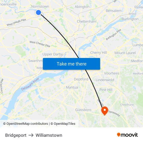 Bridgeport to Williamstown map