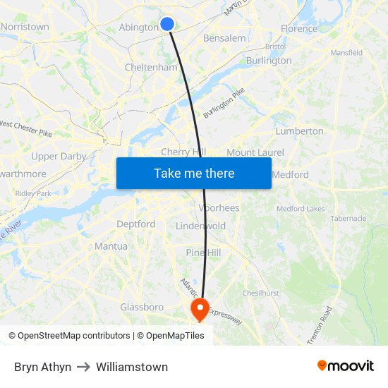Bryn Athyn to Williamstown map