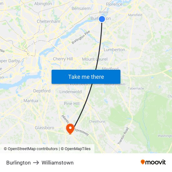 Burlington to Williamstown map