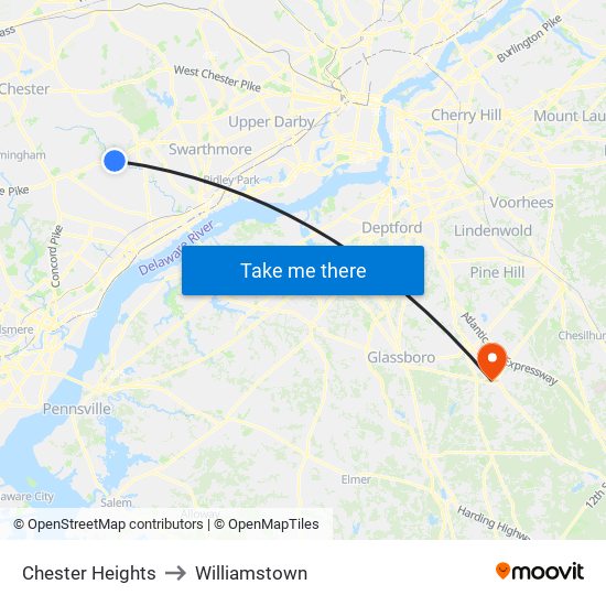 Chester Heights to Williamstown map