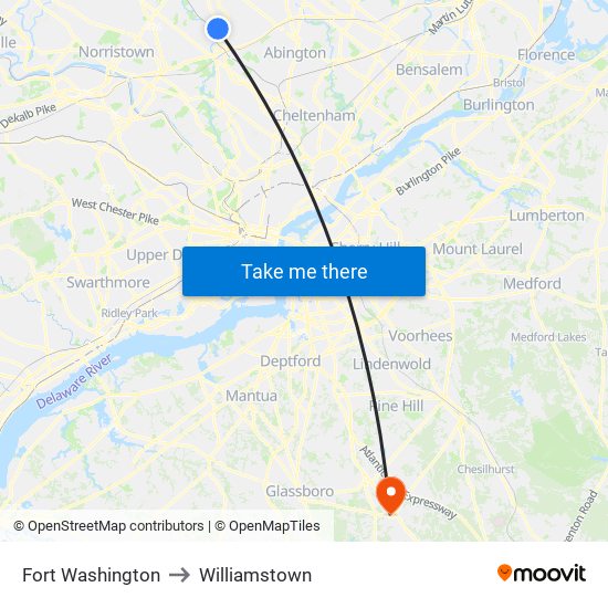 Fort Washington to Williamstown map