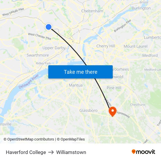 Haverford College to Williamstown map