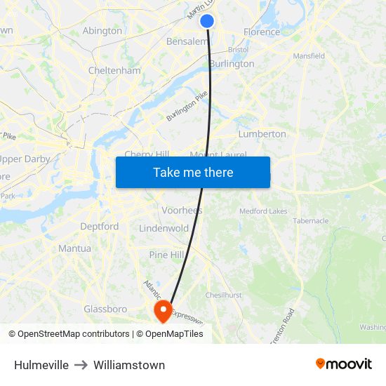 Hulmeville to Williamstown map