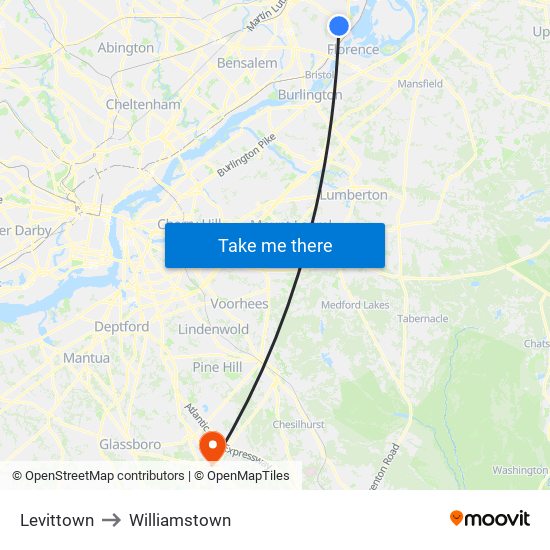 Levittown to Williamstown map