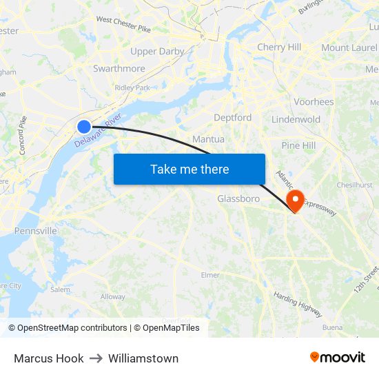 Marcus Hook to Williamstown map