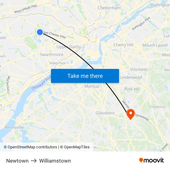 Newtown to Williamstown map