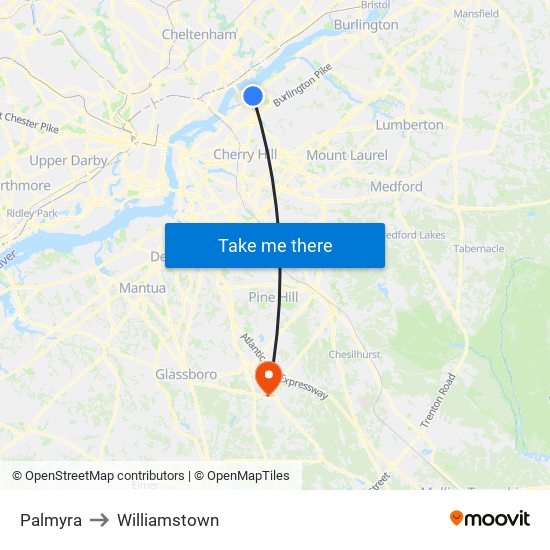 Palmyra to Williamstown map