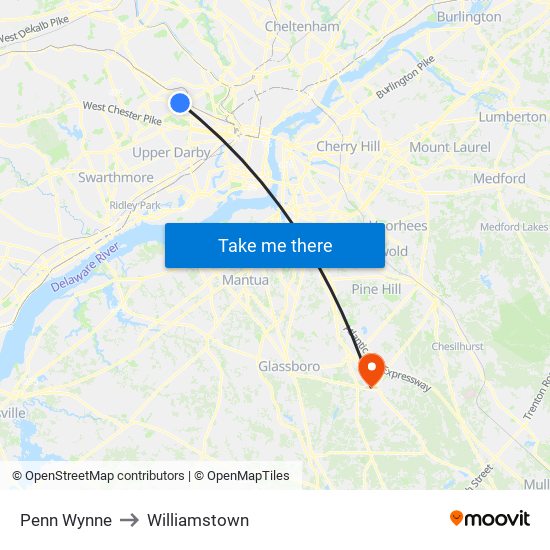 Penn Wynne to Williamstown map