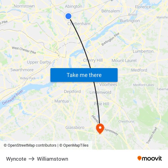 Wyncote to Williamstown map