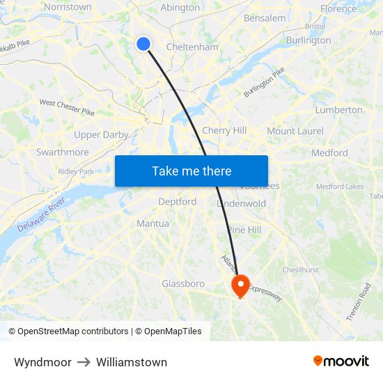 Wyndmoor to Williamstown map