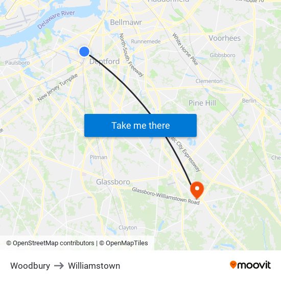 Woodbury to Williamstown map