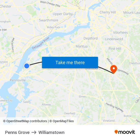 Penns Grove to Williamstown map