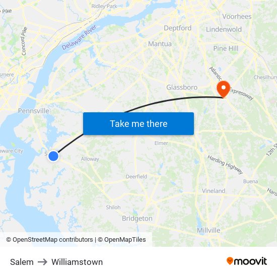 Salem to Williamstown map