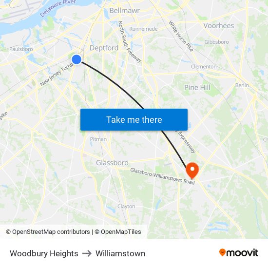 Woodbury Heights to Williamstown map