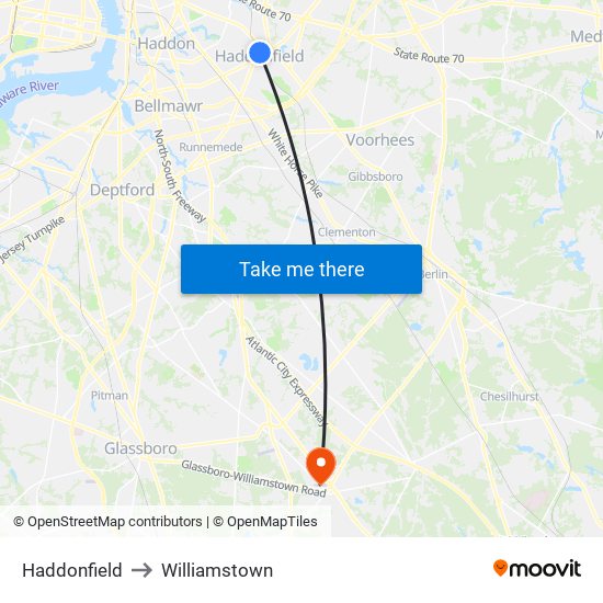 Haddonfield to Williamstown map