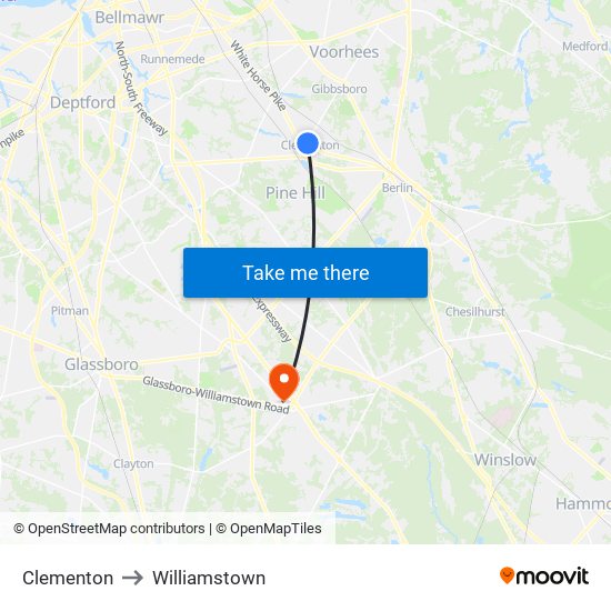 Clementon to Williamstown map