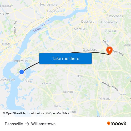 Pennsville to Williamstown map