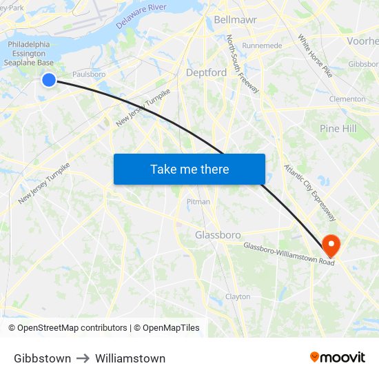 Gibbstown to Williamstown map