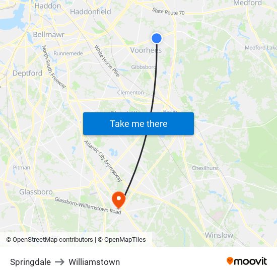 Springdale to Williamstown map