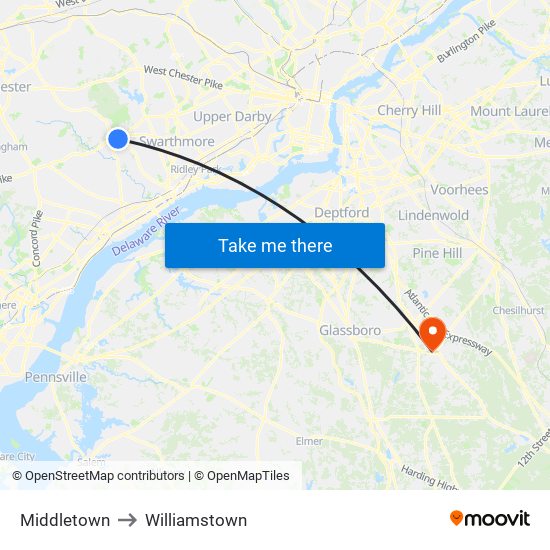 Middletown to Williamstown map