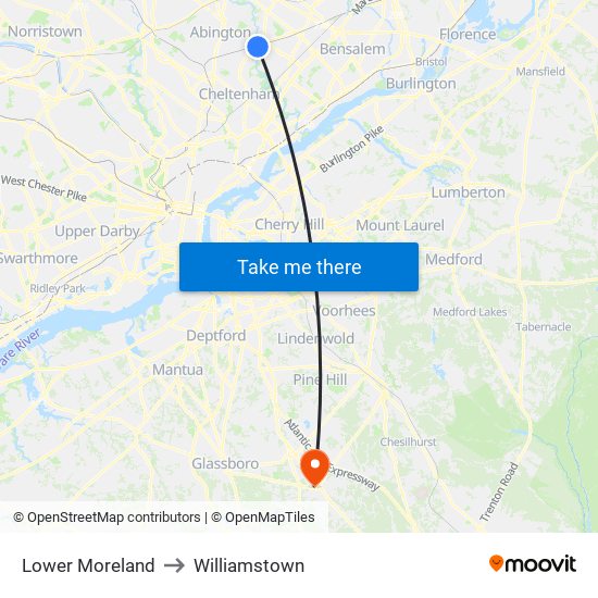 Lower Moreland to Williamstown map