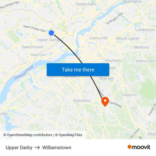 Upper Darby to Williamstown map
