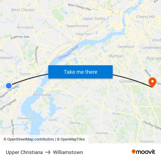 Upper Christiana to Williamstown map