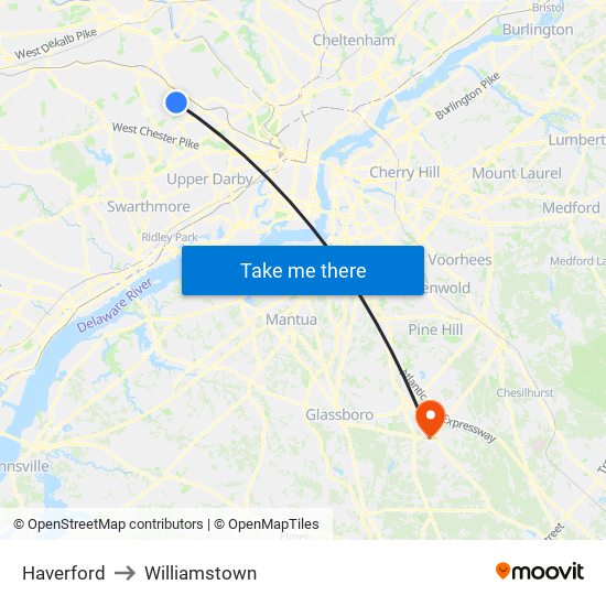 Haverford to Williamstown map