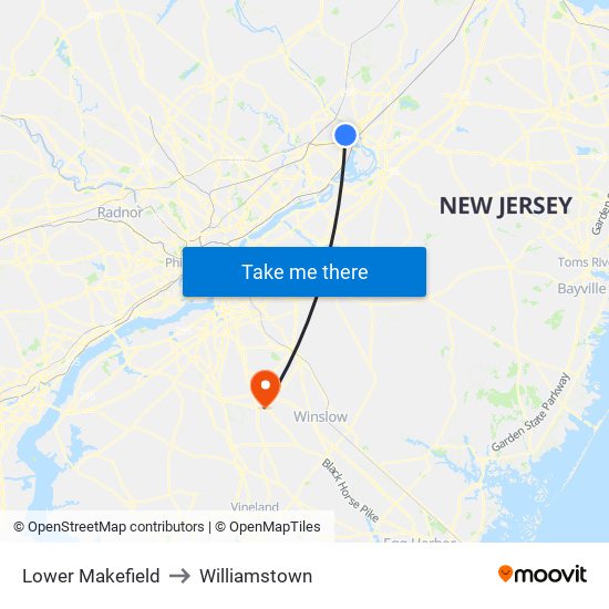 Lower Makefield to Williamstown map