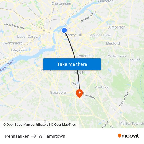 Pennsauken to Williamstown map
