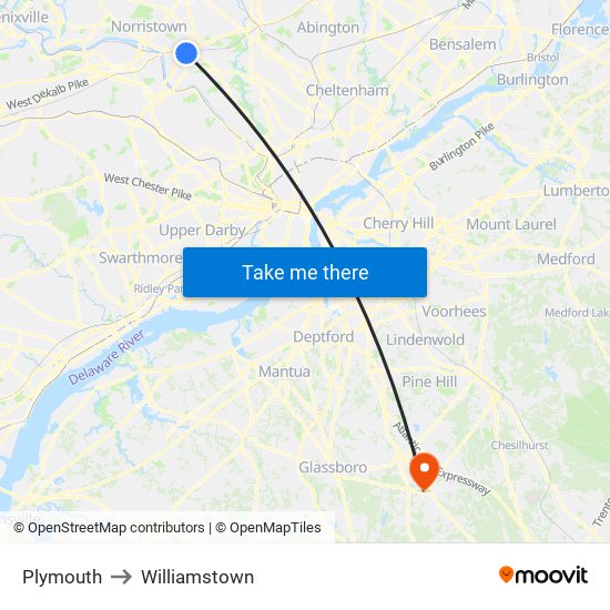 Plymouth to Williamstown map