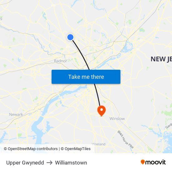 Upper Gwynedd to Williamstown map