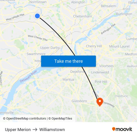 Upper Merion to Williamstown map