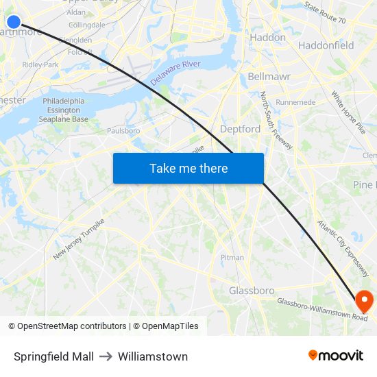 Springfield Mall to Williamstown map