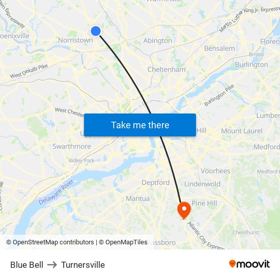 Blue Bell to Turnersville map