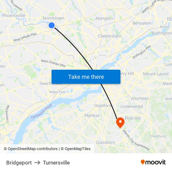 Bridgeport to Turnersville map