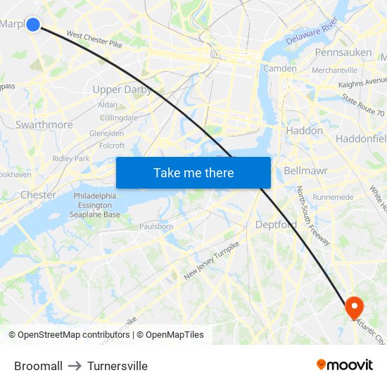 Broomall to Turnersville map