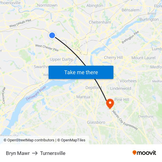Bryn Mawr to Turnersville map