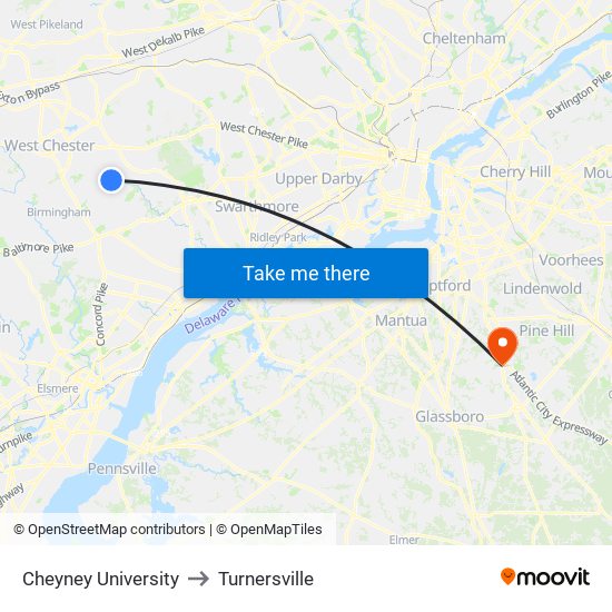 Cheyney University to Turnersville map