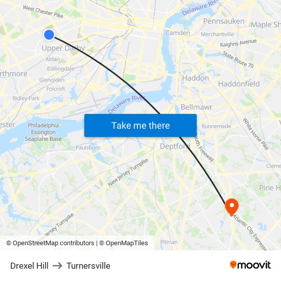 Drexel Hill to Turnersville map