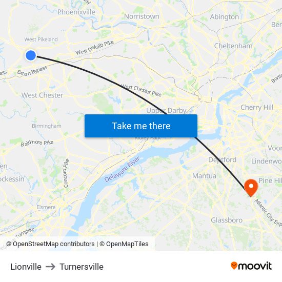 Lionville to Turnersville map