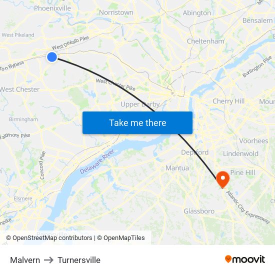 Malvern to Turnersville map