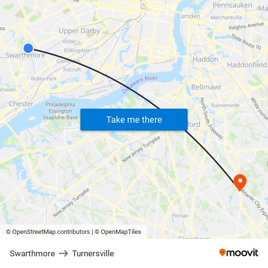 Swarthmore to Turnersville map