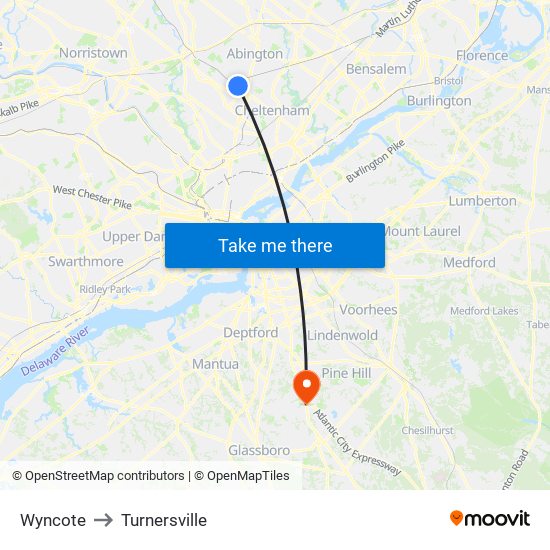 Wyncote to Turnersville map