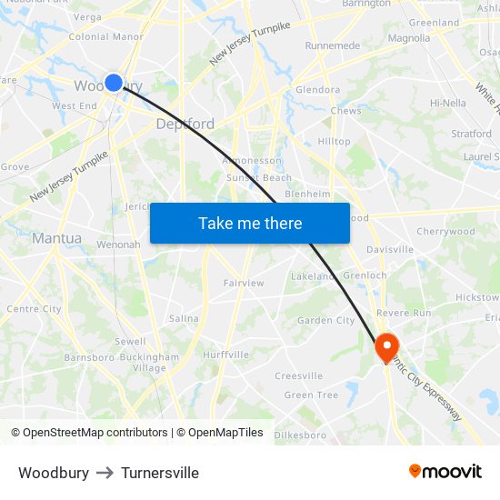 Woodbury to Turnersville map