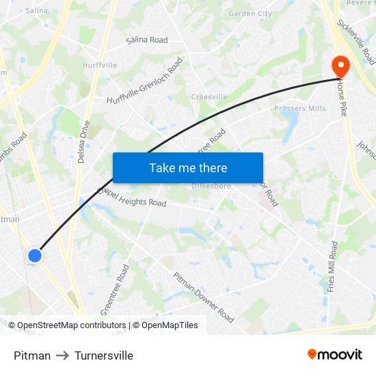 Pitman to Turnersville map