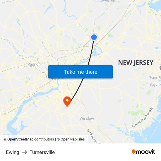 Ewing to Turnersville map